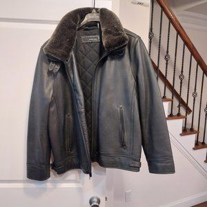 Mens Leather Bomber Jacket- With Detachable  Fur Collar- NWT-Brown Size Xl